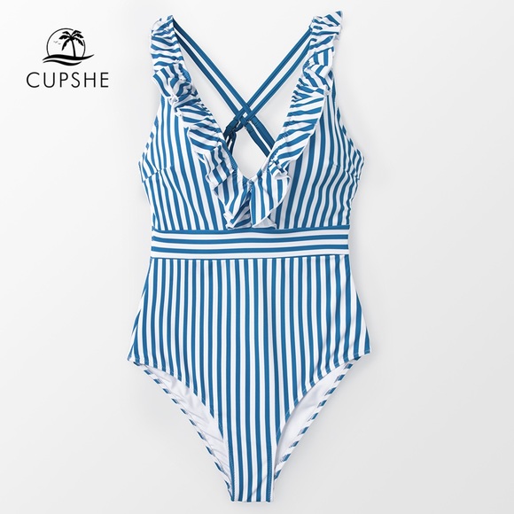 blue and white striped one piece bathing suit